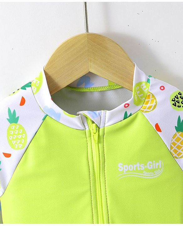 Babyhug Full Sleeves Frock Swimsuit with Cap Fruit Print - Green