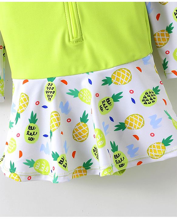 Babyhug Full Sleeves Frock Swimsuit with Cap Fruit Print - Green