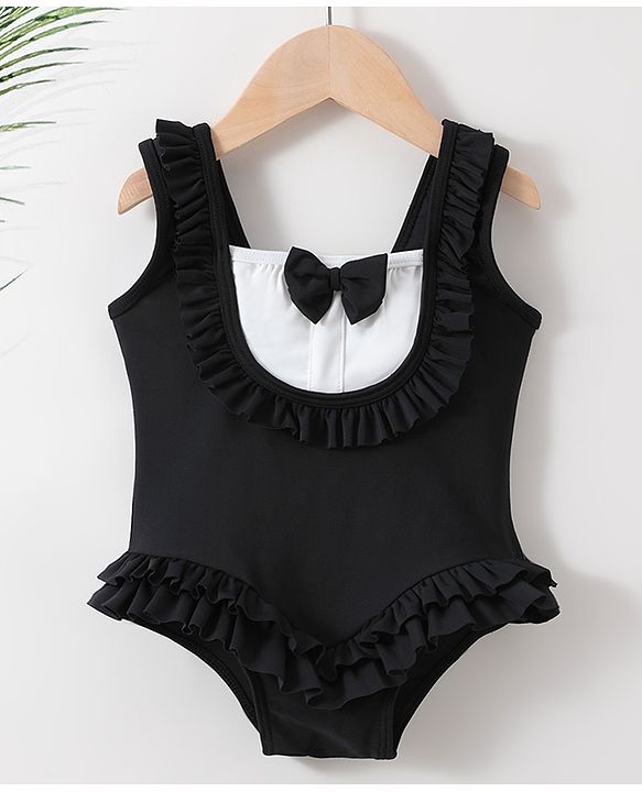 Babyhug Sleeveless V Cut Swimsuit With Frill & Bow Applique Solid Colour - Black