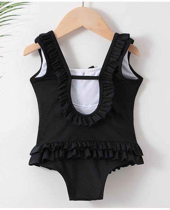 Babyhug Sleeveless V Cut Swimsuit With Frill & Bow Applique Solid Colour - Black