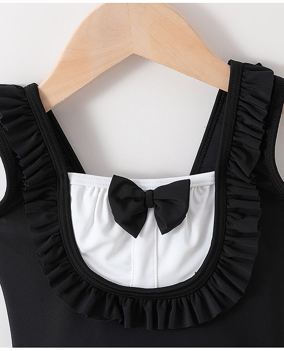 Babyhug Sleeveless V Cut Swimsuit With Frill & Bow Applique Solid Colour - Black