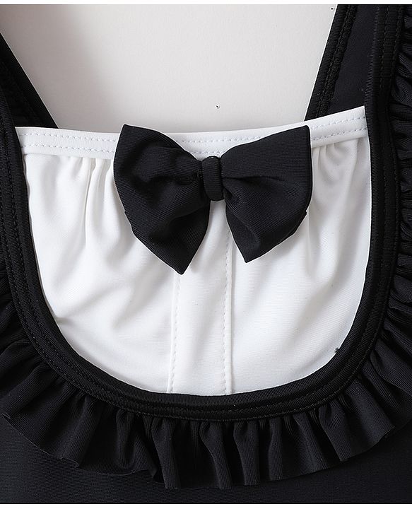 Babyhug Sleeveless V Cut Swimsuit With Frill & Bow Applique Solid Colour - Black