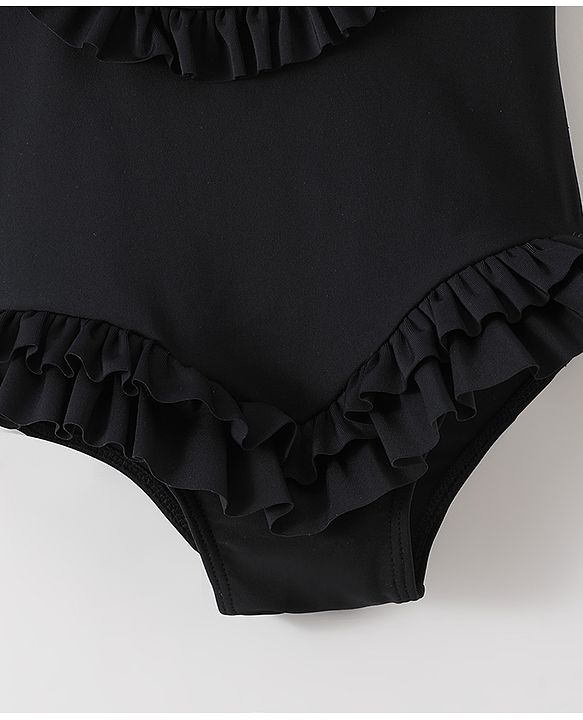 Babyhug Sleeveless V Cut Swimsuit With Frill & Bow Applique Solid Colour - Black