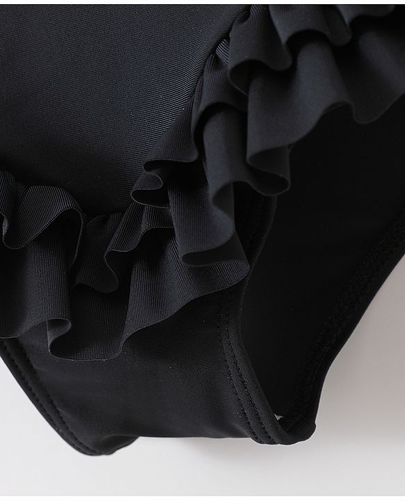 Babyhug Sleeveless V Cut Swimsuit With Frill & Bow Applique Solid Colour - Black