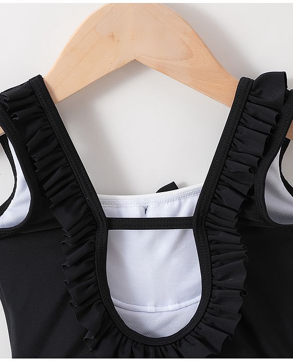 Babyhug Sleeveless V Cut Swimsuit With Frill & Bow Applique Solid Colour - Black