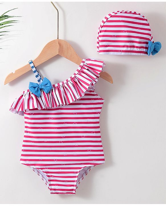 Babyhug One Shoulder Striped V Cut Swimsuit with Cap - Red