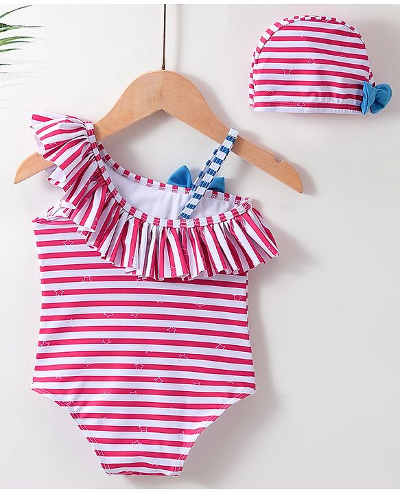 Babyhug One Shoulder Striped V Cut Swimsuit with Cap - Red