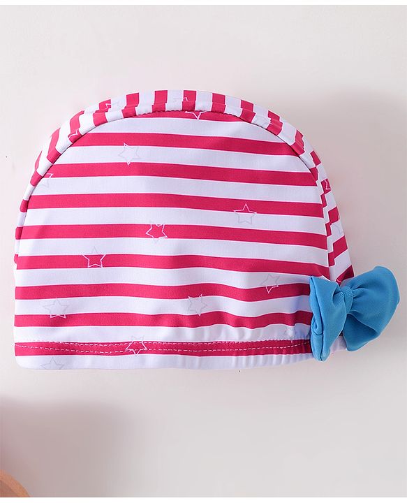 Babyhug One Shoulder Striped V Cut Swimsuit with Cap - Red