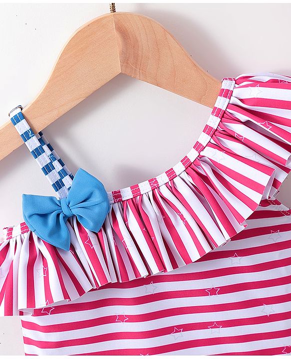 Babyhug One Shoulder Striped V Cut Swimsuit with Cap - Red