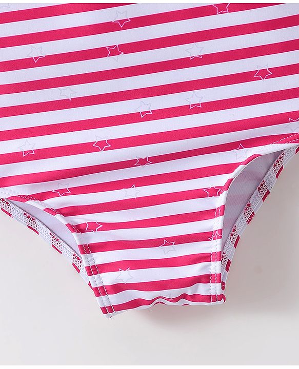 Babyhug One Shoulder Striped V Cut Swimsuit with Cap - Red