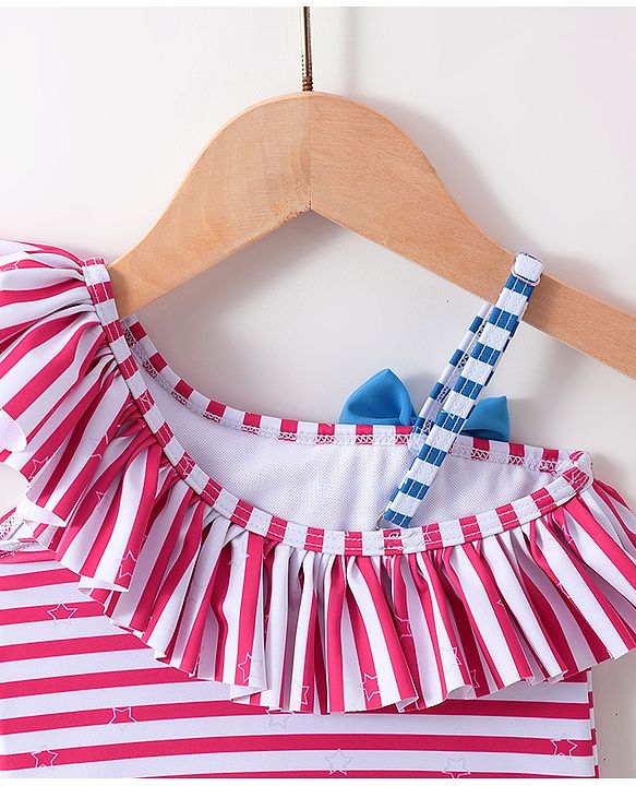 Babyhug One Shoulder Striped V Cut Swimsuit with Cap - Red