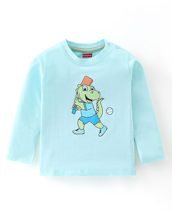 Babyhug Cotton Knit Full Sleeves T-Shirt Dino Graphic Print - Light Blue