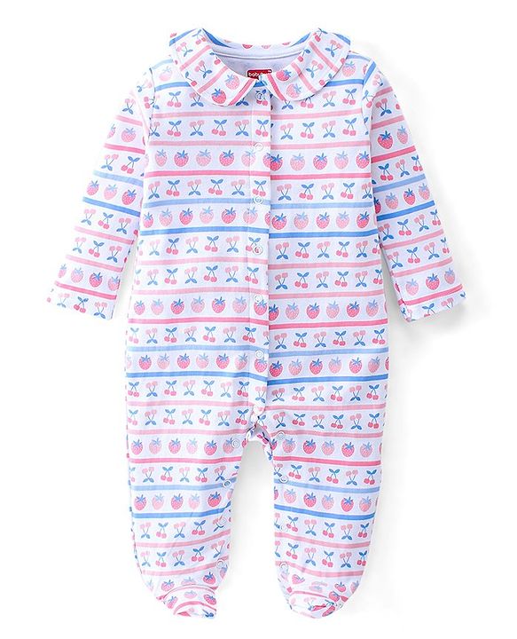 Babyhug Cotton Interlock Knit Full Sleeves Footed Sleep Suit Strawberry Print - White