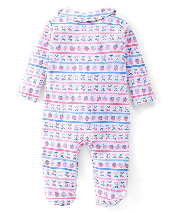 Babyhug Cotton Interlock Knit Full Sleeves Footed Sleep Suit Strawberry Print - White