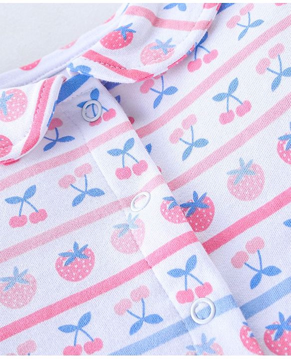 Babyhug Cotton Interlock Knit Full Sleeves Footed Sleep Suit Strawberry Print - White