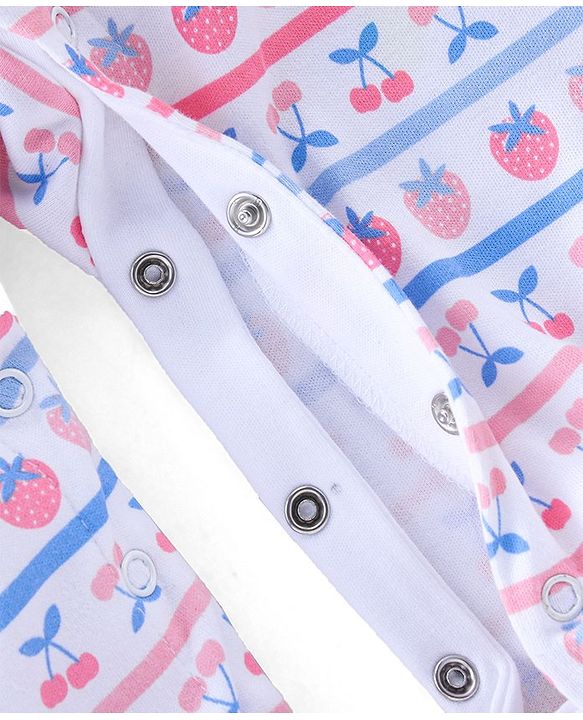 Babyhug Cotton Interlock Knit Full Sleeves Footed Sleep Suit Strawberry Print - White