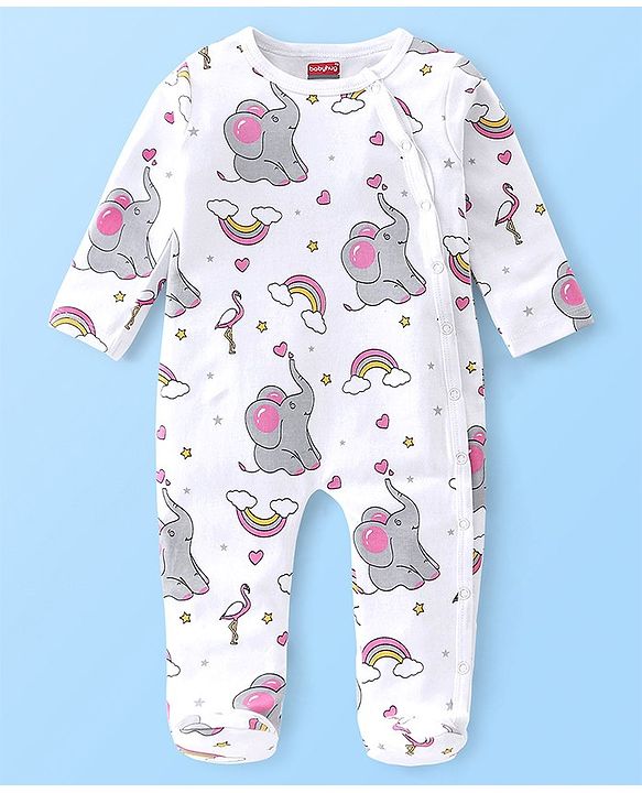 Babyhug Cotton Knit Full Sleeves Elephant Printed Footed Sleep Suit - White