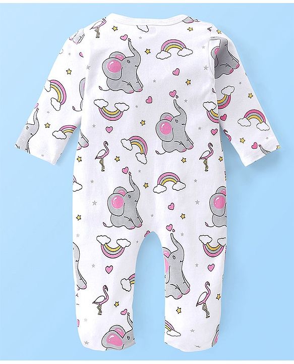 Babyhug Cotton Knit Full Sleeves Elephant Printed Footed Sleep Suit - White