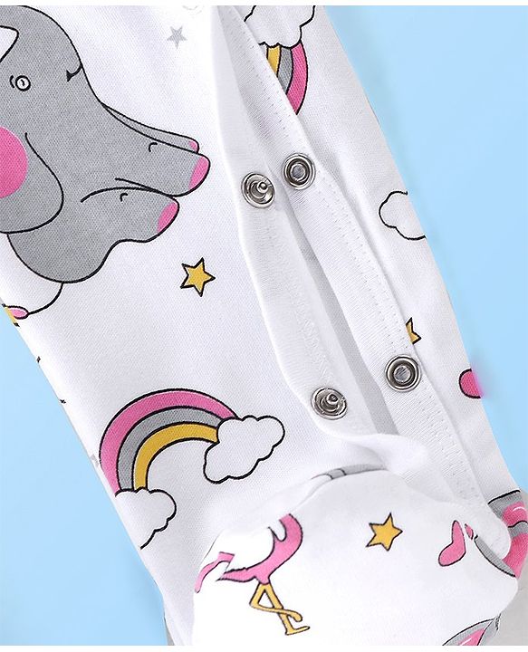 Babyhug Cotton Knit Full Sleeves Elephant Printed Footed Sleep Suit - White