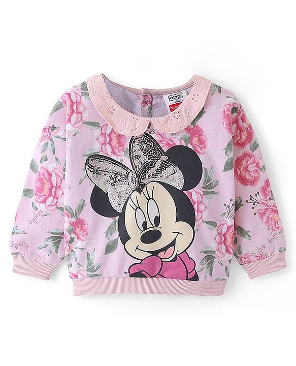 Babyhug 100% Cotton Knit Full Sleeves Sweatshirt With Minnie Mouse Graphics & Sequins Detailing - Pink
