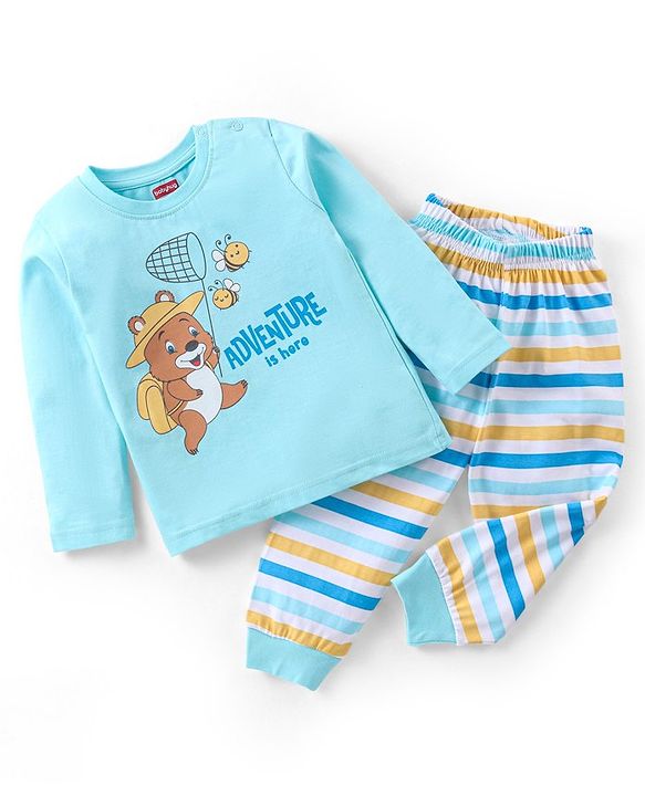 Babyhug Cotton Knit Full Sleeves Bear & Bees Printed Night Suit - Blue