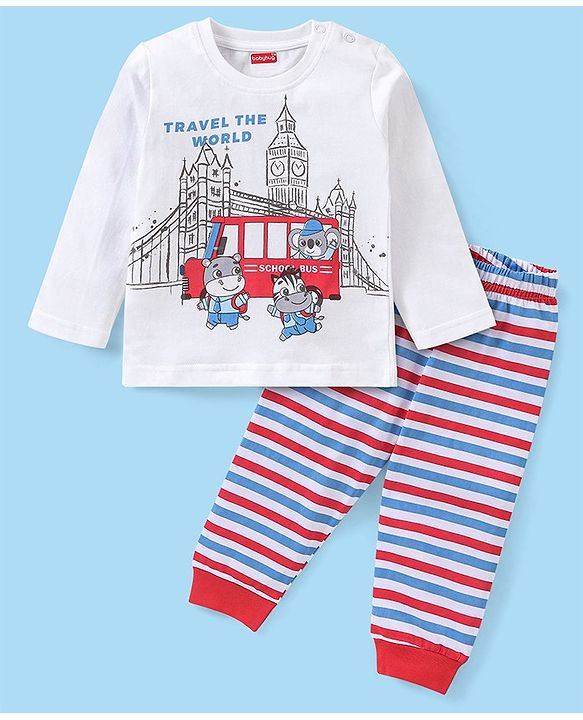 Babyhug Cotton Knit Full Sleeves Night Suit With Animals Print - White & Red