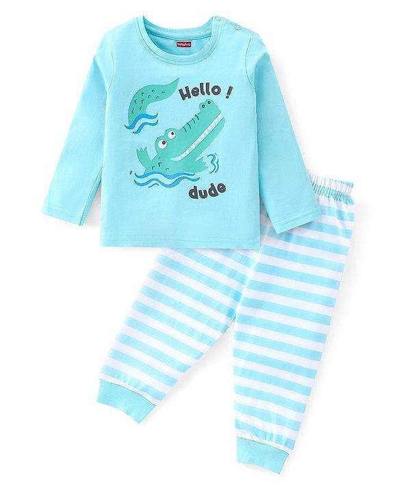 Babyhug Cotton Knit Full Sleeves Night Suit With Crocodile Print - Blue
