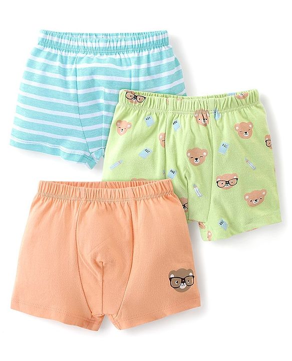 Babyhug 100% Cotton Knit Regular Trunks Teddy Print Pack of 3 - Green Blue & Orange