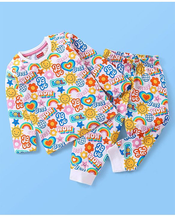 Babyhug Cotton Knit Full Sleeves Text Printed Night Suit - Multicolour