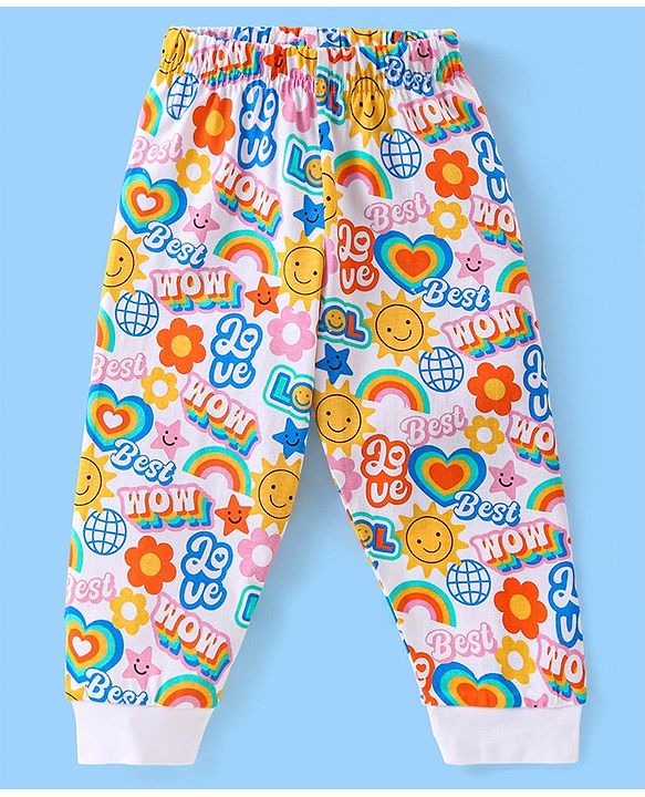 Babyhug Cotton Knit Full Sleeves Text Printed Night Suit - Multicolour