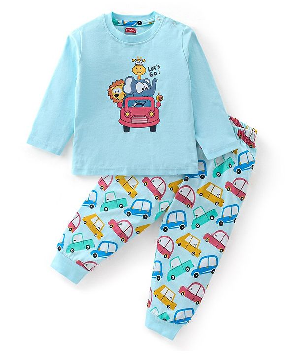Babyhug Cotton Knit Full Sleeves Night Suit Jungle Safari Print - Blue