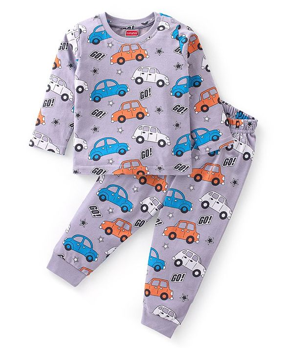 Babyhug Cotton Knit Full Sleeves Night Suit Car Print - Purple