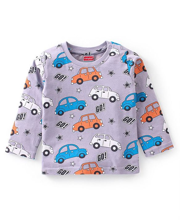 Babyhug Cotton Knit Full Sleeves Night Suit Car Print - Purple