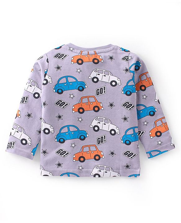 Babyhug Cotton Knit Full Sleeves Night Suit Car Print - Purple