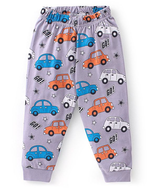 Babyhug Cotton Knit Full Sleeves Night Suit Car Print - Purple