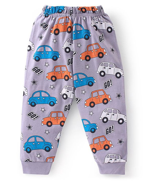 Babyhug Cotton Knit Full Sleeves Night Suit Car Print - Purple