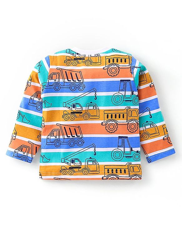 Babyhug Cotton Knit Full Sleeves Striped & Construction Vehicles Printed Night Suit - Multicolour