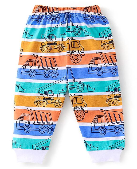 Babyhug Cotton Knit Full Sleeves Striped & Construction Vehicles Printed Night Suit - Multicolour