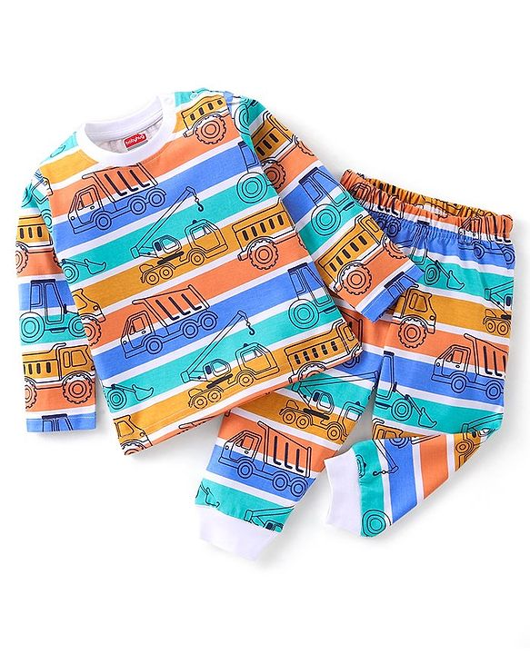 Babyhug Cotton Knit Full Sleeves Striped & Construction Vehicles Printed Night Suit - Multicolour