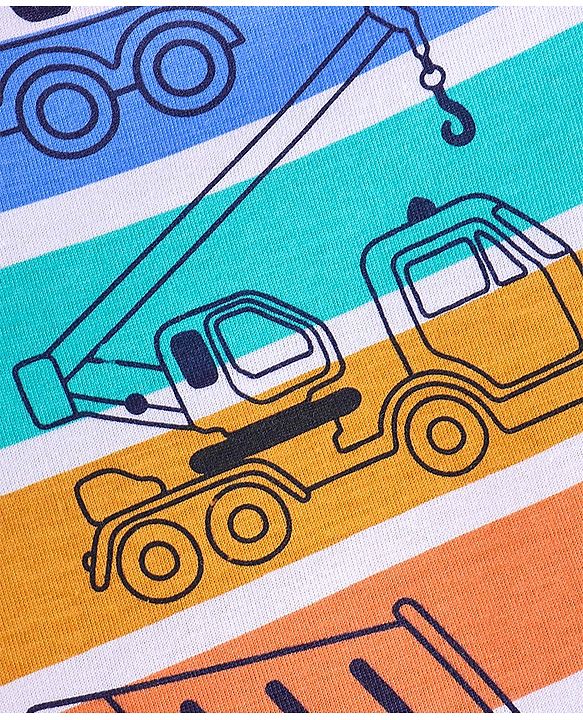 Babyhug Cotton Knit Full Sleeves Striped & Construction Vehicles Printed Night Suit - Multicolour