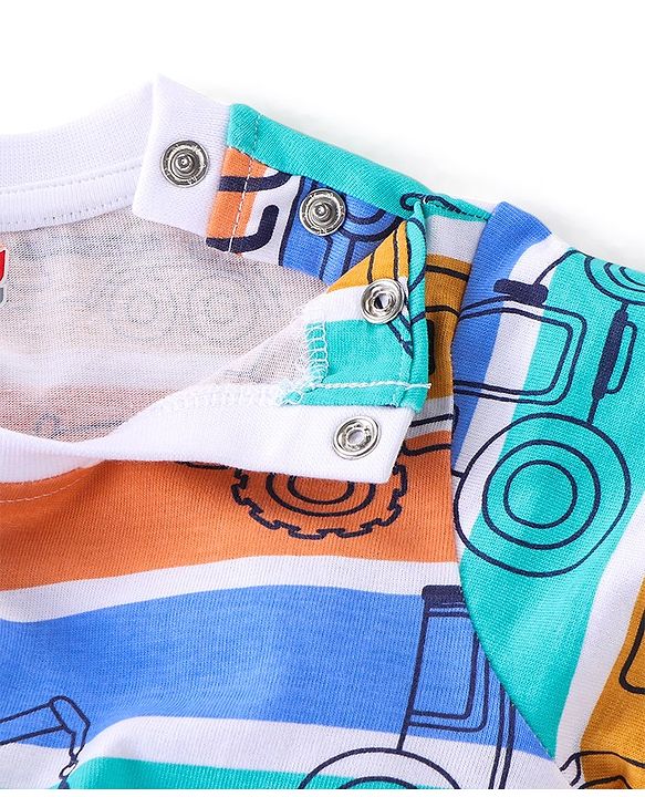 Babyhug Cotton Knit Full Sleeves Striped & Construction Vehicles Printed Night Suit - Multicolour