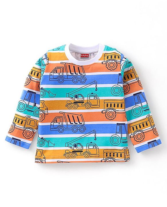 Babyhug Cotton Knit Full Sleeves Striped & Construction Vehicles Printed Night Suit - Multicolour