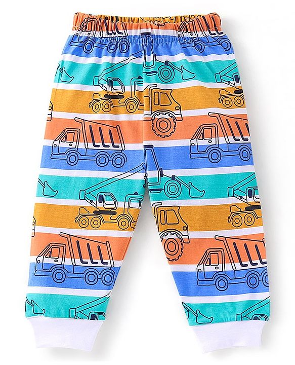 Babyhug Cotton Knit Full Sleeves Striped & Construction Vehicles Printed Night Suit - Multicolour
