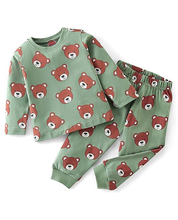 Babyhug Cotton Knit Full Sleeves Teddy Printed Night Suit - Green
