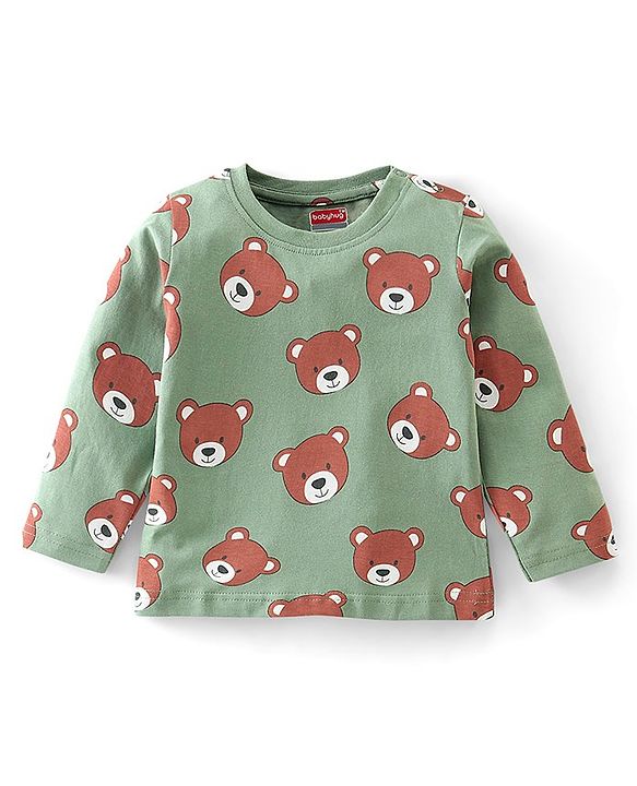 Babyhug Cotton Knit Full Sleeves Teddy Printed Night Suit - Green