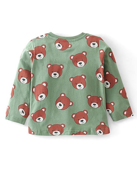 Babyhug Cotton Knit Full Sleeves Teddy Printed Night Suit - Green