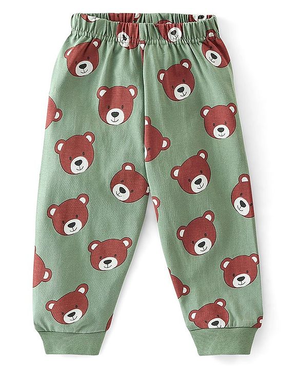 Babyhug Cotton Knit Full Sleeves Teddy Printed Night Suit - Green