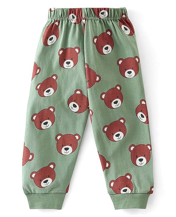 Babyhug Cotton Knit Full Sleeves Teddy Printed Night Suit - Green
