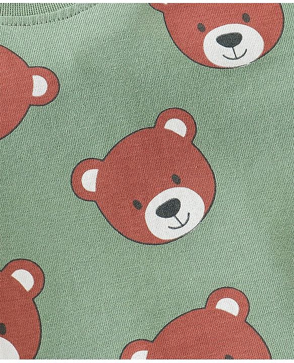 Babyhug Cotton Knit Full Sleeves Teddy Printed Night Suit - Green