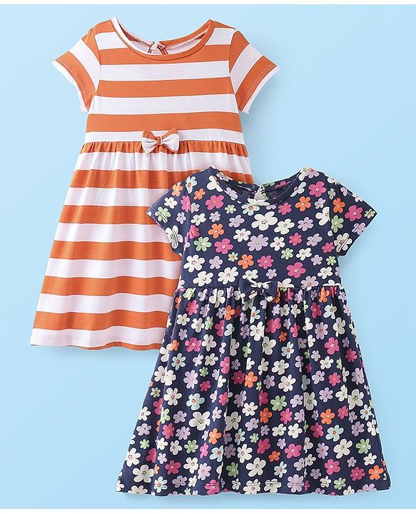 Babyhug Cotton Knit Half Sleeves Frock With Floral & Striped Print Pack Of 2 - Orange & Navy Blue